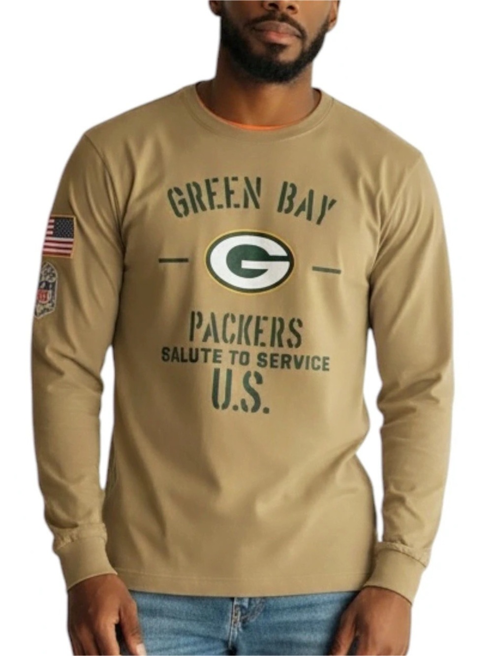 NIKE Green Bay Packers Salute to Service Long Sleeve T-Shirt in Tan Size MED